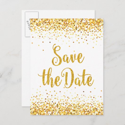 金ゴールドグリッター日付のモダン保存 案内ポストカード (正面/裏面)