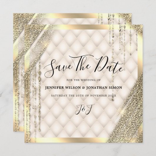 金ゴールドグリッター日付の保存アイボリー招待状 セーブザデート (正面/裏面)