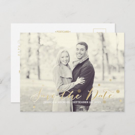 金ゴールドグリッター日付の保存 案内ポストカード (正面/裏面)