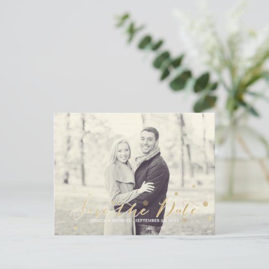 金ゴールドグリッター日付の保存 案内ポストカード (スタンド正面)