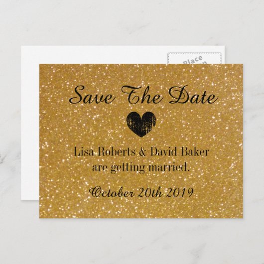 金ゴールドグリッター日付結婚のはがきを保存 案内ポストカード (正面/裏面)