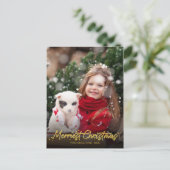 金ゴールドグリッター書道写真のクリメリースマス ポストカード (スタンド正面)