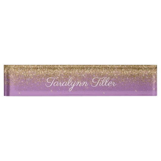 金ゴールドグリッター机用ネームプレートパープル デスクネームプレート (正面)