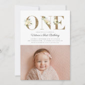 金ゴールドグリッター水彩フローラ写真1st誕生日 招待状 (正面)