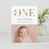 金ゴールドグリッター水彩フローラ写真1st誕生日 招待状 (スタンド正面)