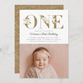 金ゴールドグリッター水彩フローラ写真1st誕生日 招待状 (正面/裏面)