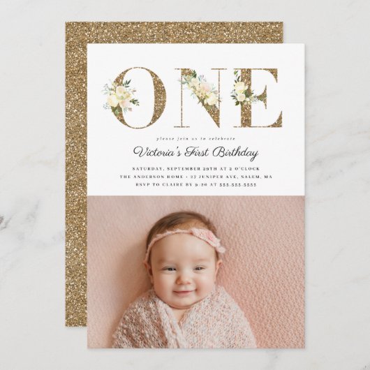 金ゴールドグリッター水彩フローラ写真1st誕生日 招待状 (正面/裏面)