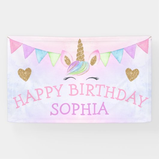 金ゴールドグリッター水彩レインボーユニコーンガールパーティー 横断幕 (横)