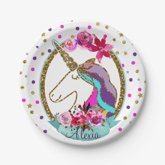 金ゴールドグリッター水玉模様ユニコーンバースデーパーティー ペーパープレート (正面)