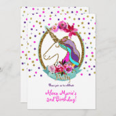 金ゴールドグリッター水玉模様ユニコーンバースデーパーティー 招待状 (正面/裏面)