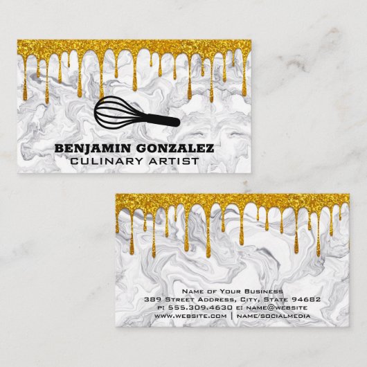 金ゴールドグリッター滴 |ウィスク |大理石モダン石 名刺 (正面/裏面)
