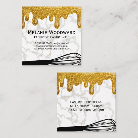金ゴールドグリッター滴 | 白い大理石とウィスク スクエア名刺 (正面/裏面)