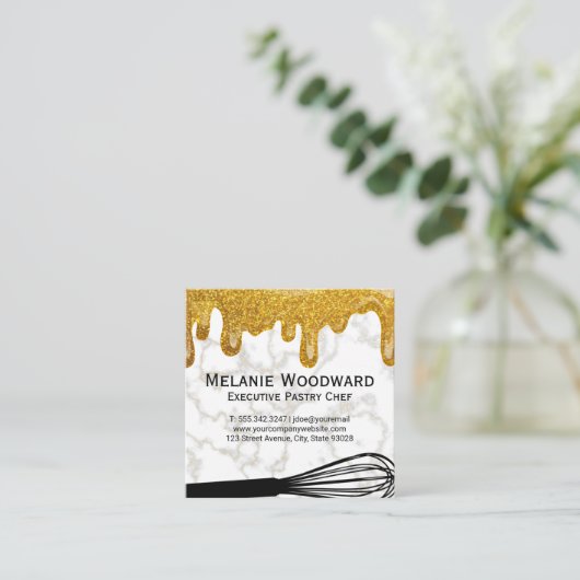 金ゴールドグリッター滴 | 白い大理石とウィスク スクエア名刺 (スタンド正面)