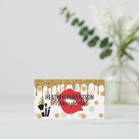 金ゴールドグリッター滴 |赤いキス |水玉模様 名刺 (スタンド正面)