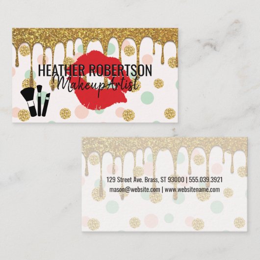 金ゴールドグリッター滴 |赤いキス |水玉模様 名刺 (正面/裏面)