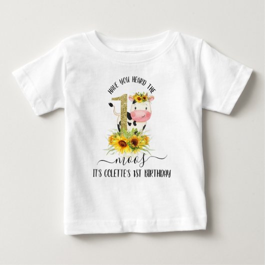 金ゴールドグリッター牛ひまわり花1歳誕生日Tシャツ ベビーTシャツ (正面)