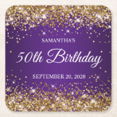 金ゴールドグリッター王室のとパープル50誕生日 スクエアペーパーコースター (正面)