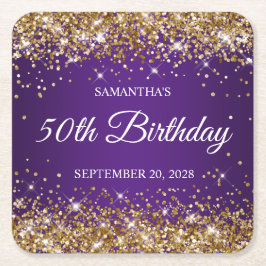金ゴールドグリッター王室のとパープル50誕生日 スクエアペーパーコースター