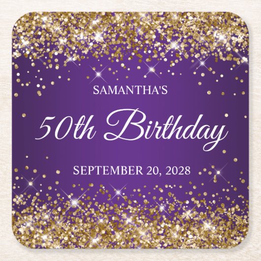 金ゴールドグリッター王室のとパープル50誕生日 スクエアペーパーコースター (正面)
