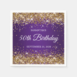金ゴールドグリッター王室のとパープル50誕生日 スタンダードカクテルナプキン