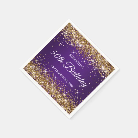金ゴールドグリッター王室のとパープル50誕生日 スタンダードカクテルナプキン (角)