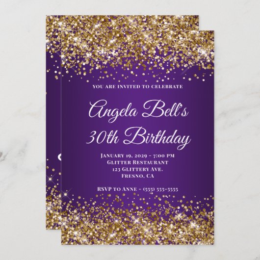 金ゴールドグリッター王室のパープルモノグラム30歳の誕生日 招待状 (正面/裏面)