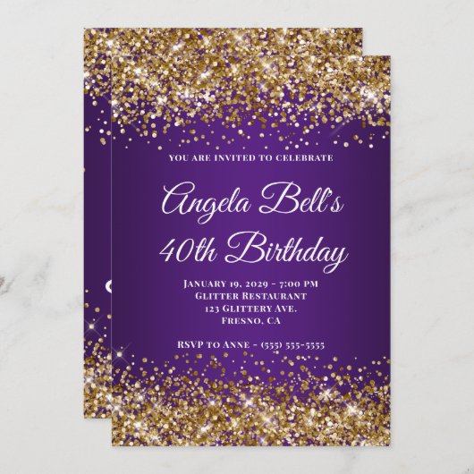 金ゴールドグリッター王室のパープルモノグラム40歳の誕生日 招待状 (正面/裏面)