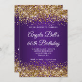 金ゴールドグリッター王室のパープルモノグラム60誕生日 招待状 (正面/裏面)