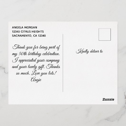 金ゴールドグリッター王室のパープル50th誕生日ありがとう 箔招待状ポストカード (裏面)