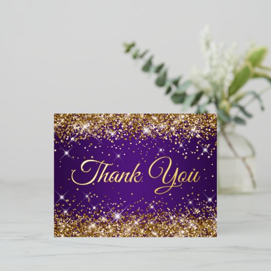 金ゴールドグリッター王室のパープル50th誕生日ありがとう 箔招待状ポストカード (立ち正面)