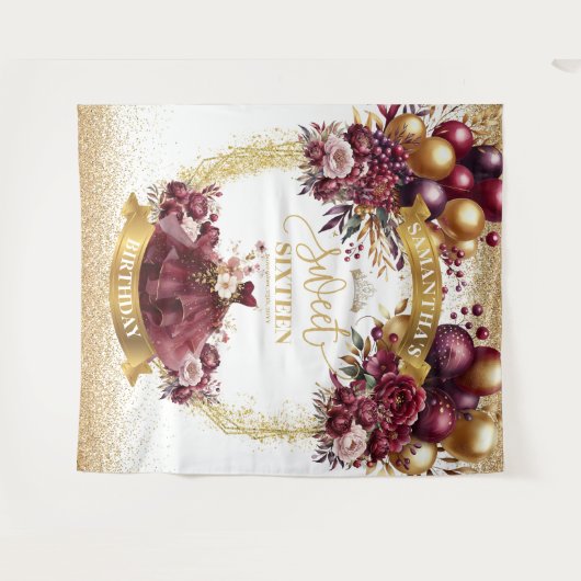 金ゴールドグリッター甘い16背景バーガンディ花 タペストリー (正面(横))