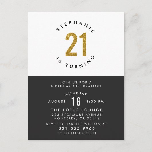 金ゴールドグリッター白黒と金ゴールド21歳の誕生日 インビテーションポストカード (正面)