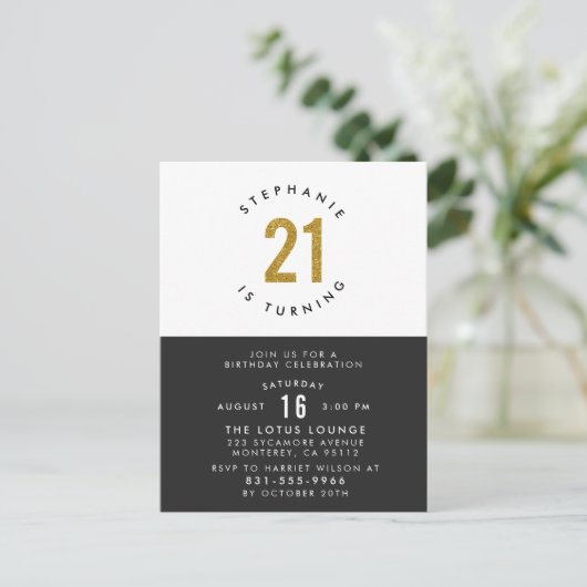 金ゴールドグリッター白黒と金ゴールド21歳の誕生日 インビテーションポストカード (スタンド正面)