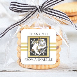 金ゴールドグリッター白黒アイススケートで滑る党賛成 スクエアシール