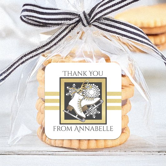 金ゴールドグリッター白黒アイススケートで滑る党賛成 スクエアシール