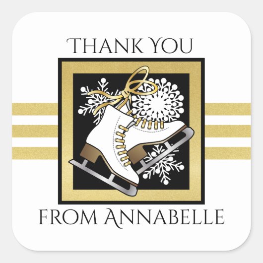 金ゴールドグリッター白黒アイススケートで滑る党賛成 スクエアシール (正面)