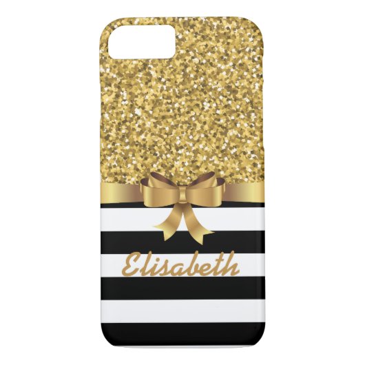 金ゴールドグリッター白黒ストライプ金ゴールドボウモノグラム Case-Mate iPhoneケース (裏面)
