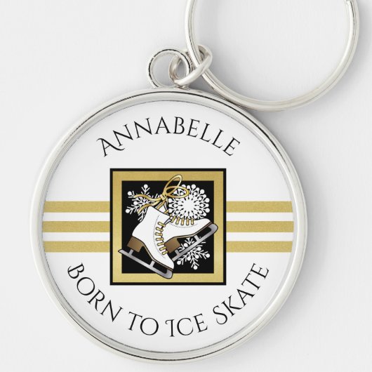 金ゴールドグリッター白黒氷スケートで滑るカスタム キーホルダー (正面)