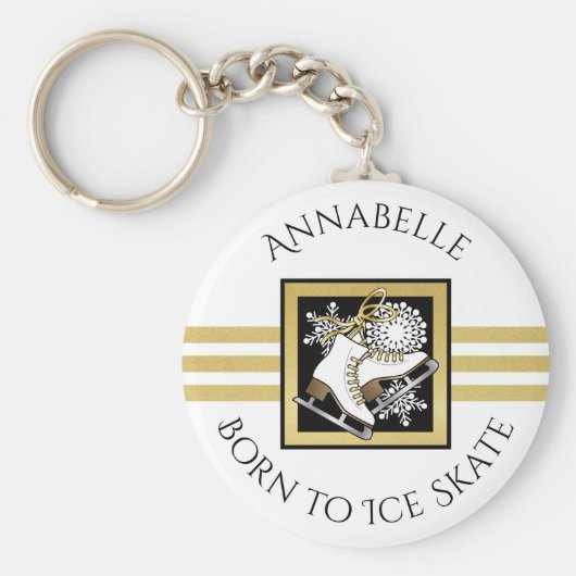 金ゴールドグリッター白黒氷スケートで滑るカスタム キーホルダー (正面)