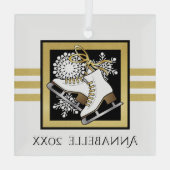 金ゴールドグリッター白黒氷スケートで滑る ガラスオーナメント (裏面)