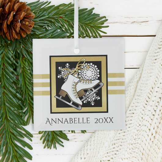 金ゴールドグリッター白黒氷スケートで滑る ガラスオーナメント