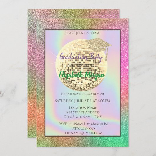 金ゴールドグリッター目盛りキャップ、ディスコボールカラフル。 招待状 (正面/裏面)