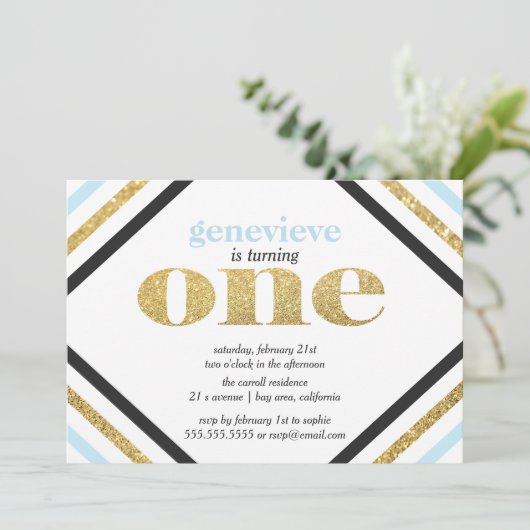 金ゴールドグリッター第一誕生日招待状 招待状 (スタンド正面)