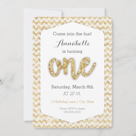 金ゴールドグリッター第1誕生日カード 招待状 (正面)