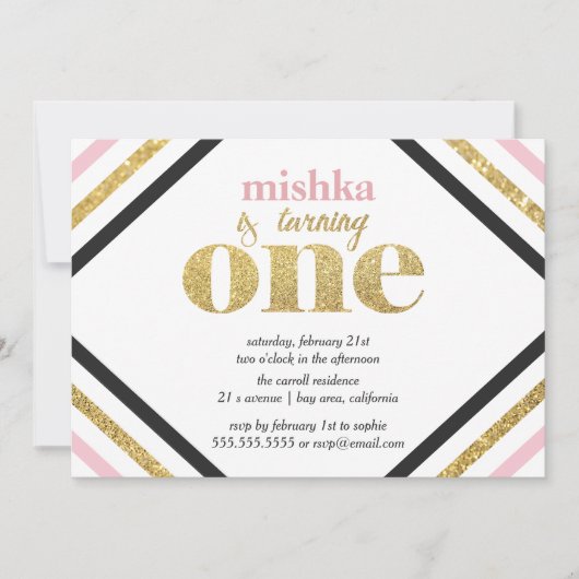 金ゴールドグリッター第1誕生日招待状 招待状 (正面)