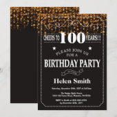 金ゴールドグリッター第100誕生日招待状 招待状 (正面/裏面)