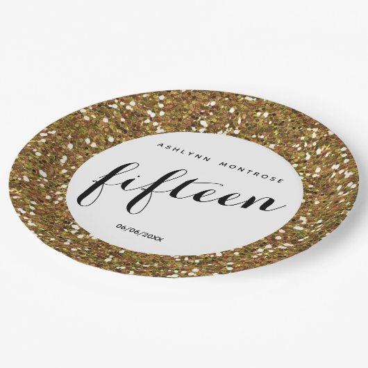 金ゴールドグリッター第15誕生日 ペーパープレート (アングル)