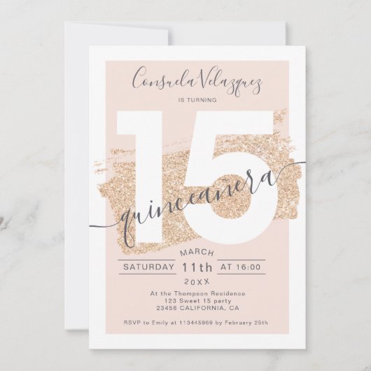 金ゴールドグリッター筆跡赤面キンセアニェラ写真 招待状 (正面)