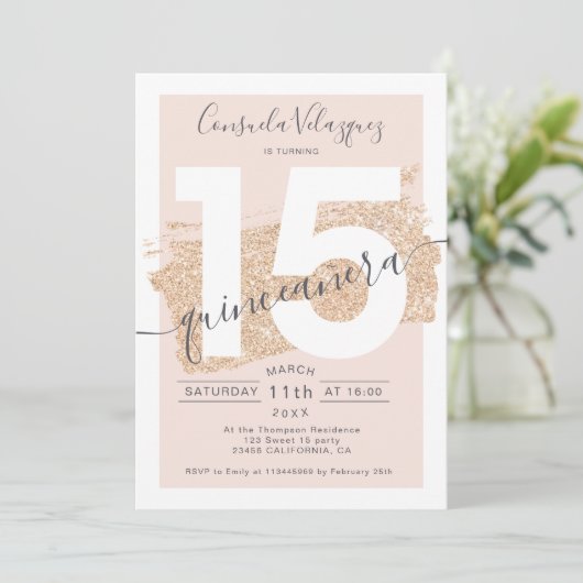 金ゴールドグリッター筆跡赤面キンセアニェラ写真 招待状 (スタンド正面)