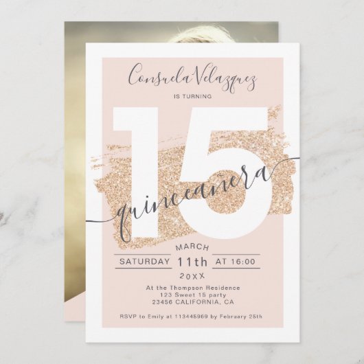 金ゴールドグリッター筆跡赤面キンセアニェラ写真 招待状 (正面/裏面)